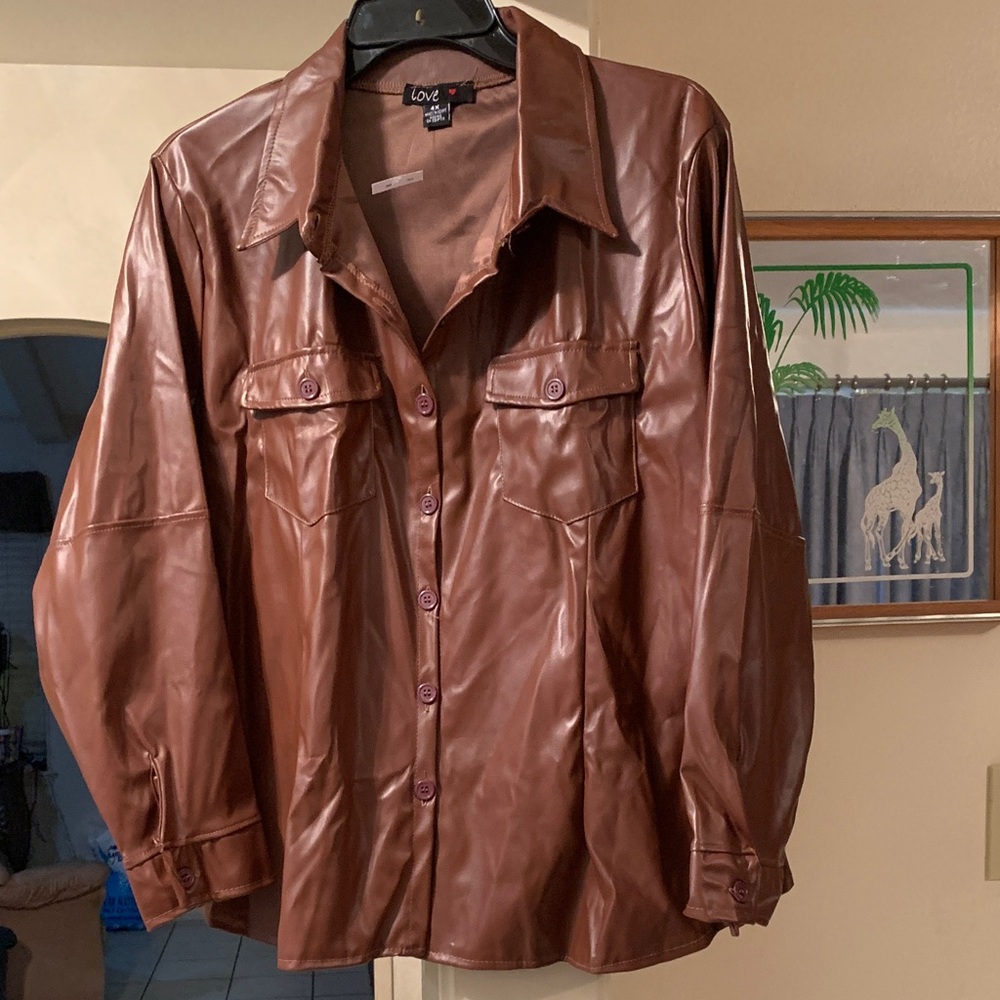 🤎🤎SEXY Love PLUS SIZE 4X Brown Faux Leather Button-Front Shirt Jacket